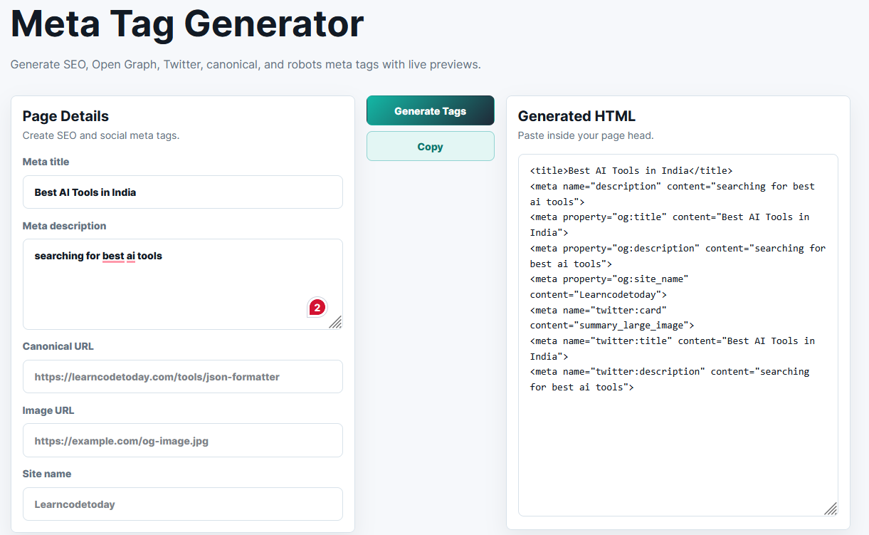 Free Meta Tag Generator screenshot